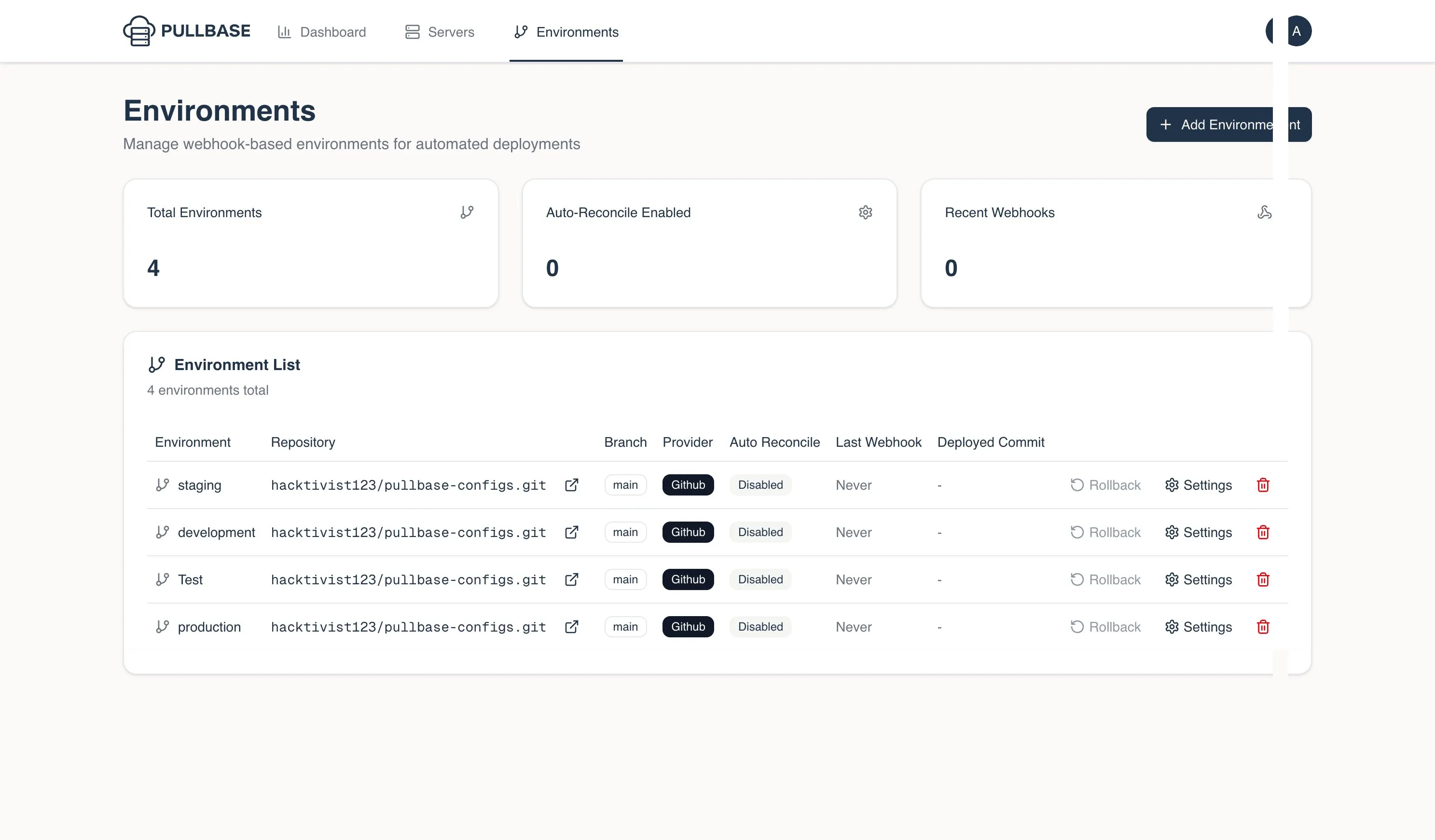 Pull Base environment view with desired commits and health