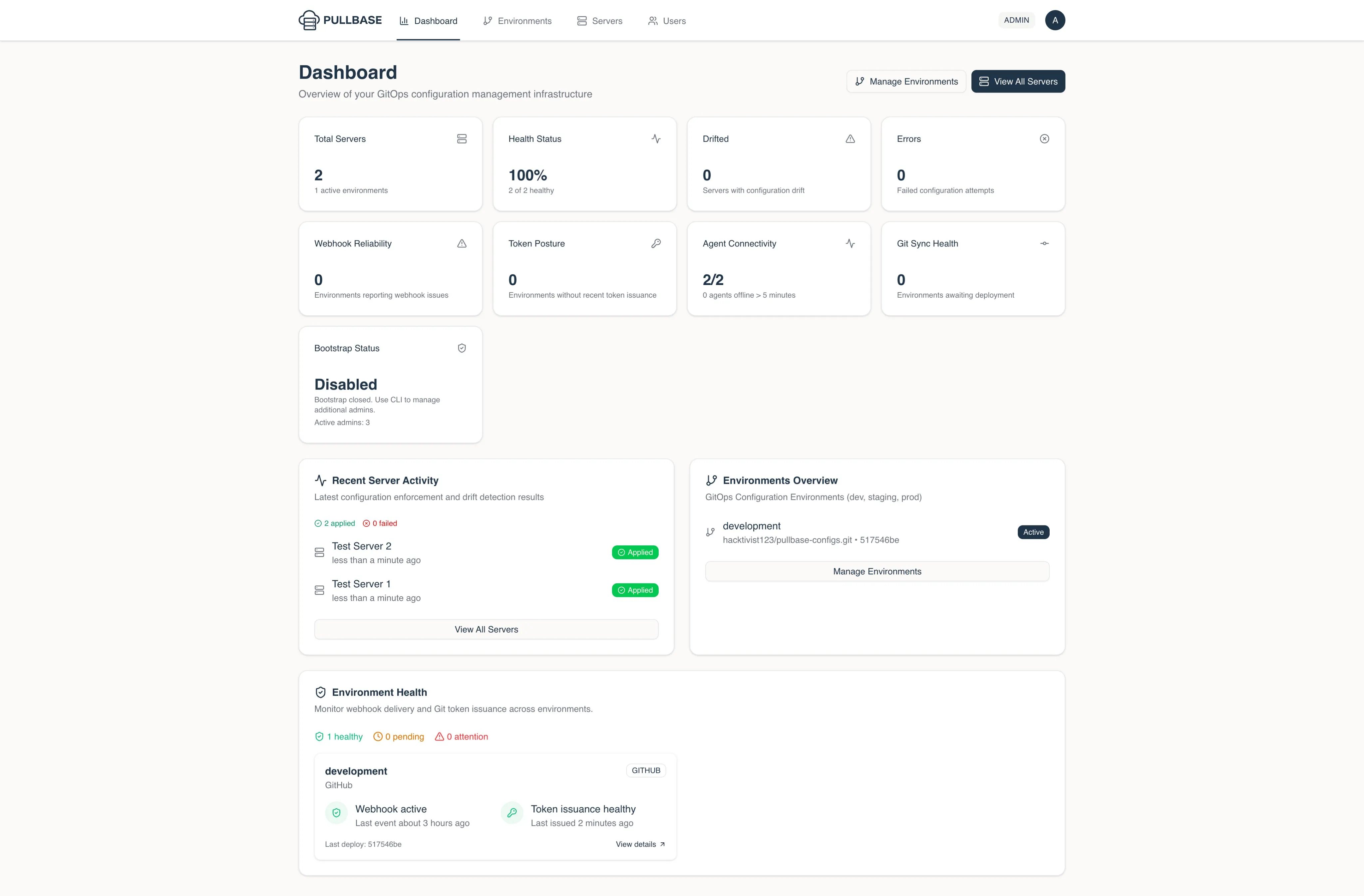 Pull Base dashboard showing server health and drift status