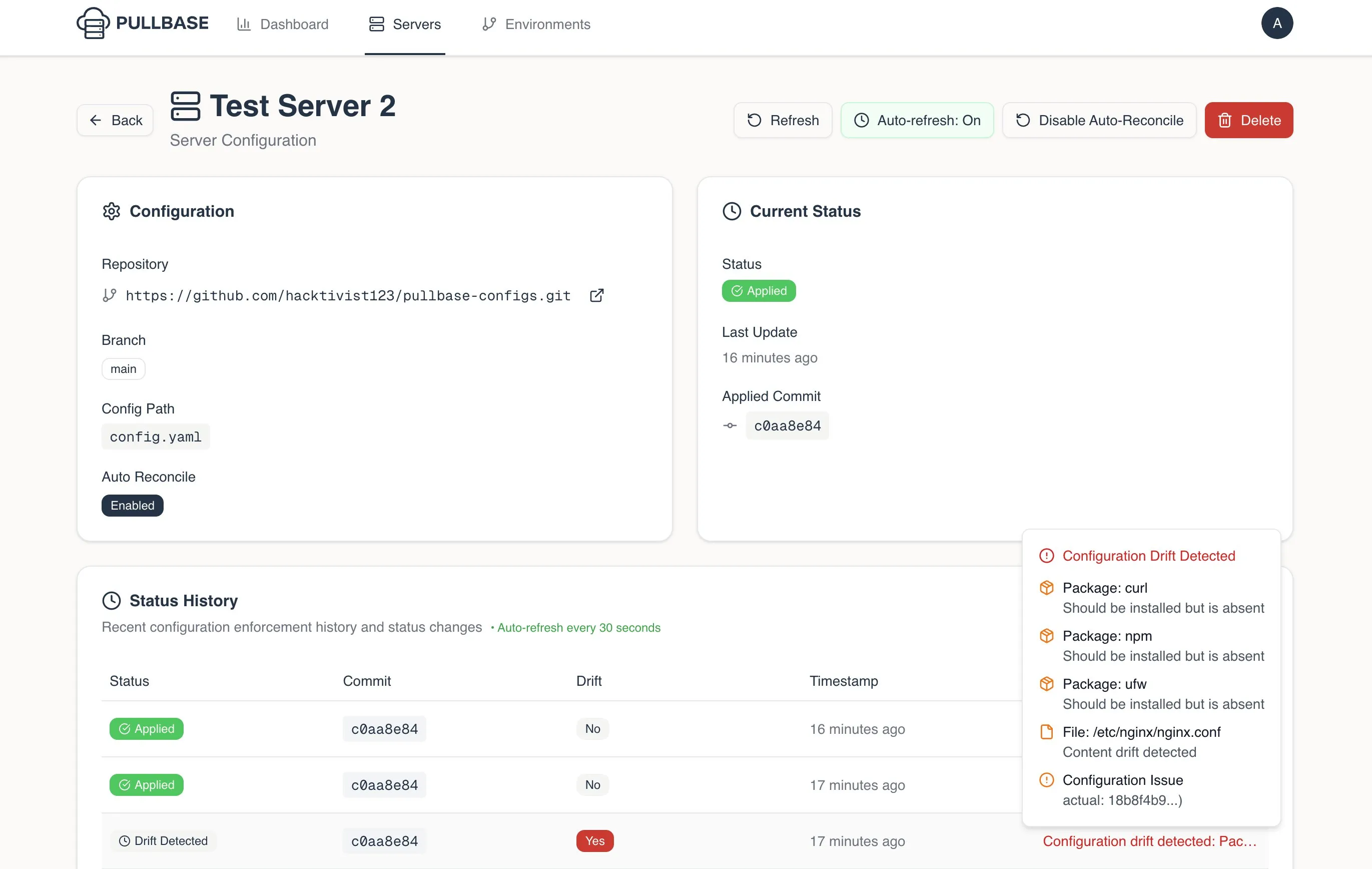 Pull Base server detail showing applied commit and drift history